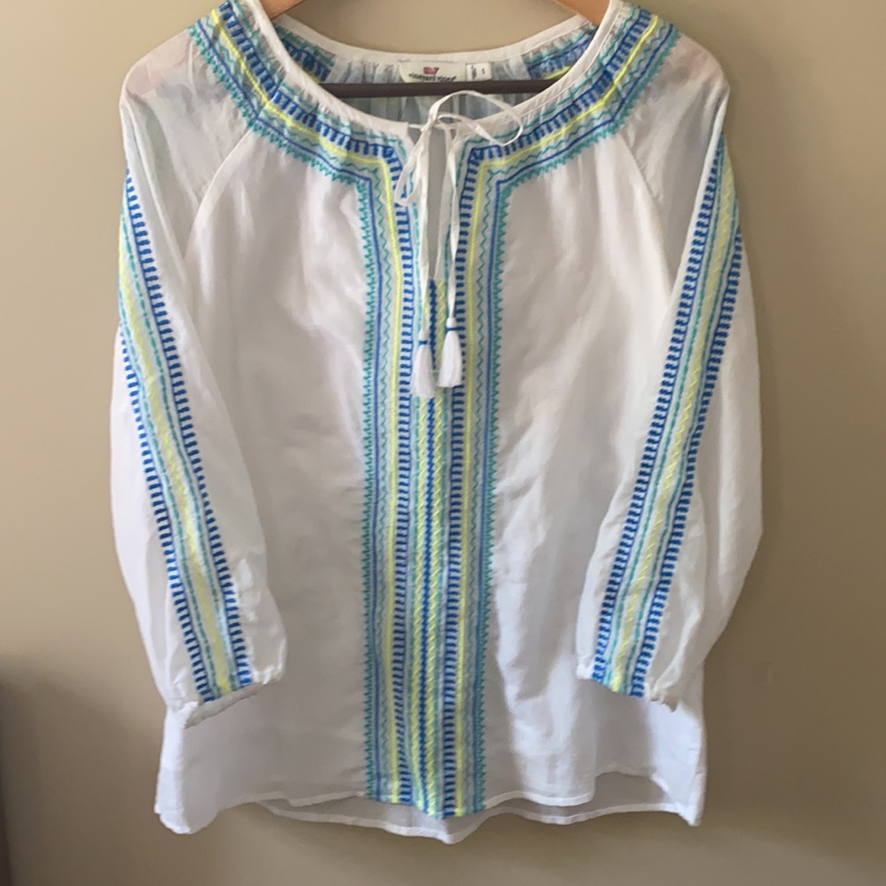 Vineyard Vines White Embroidered Tunic Peasant Top w/Tassel Tie S